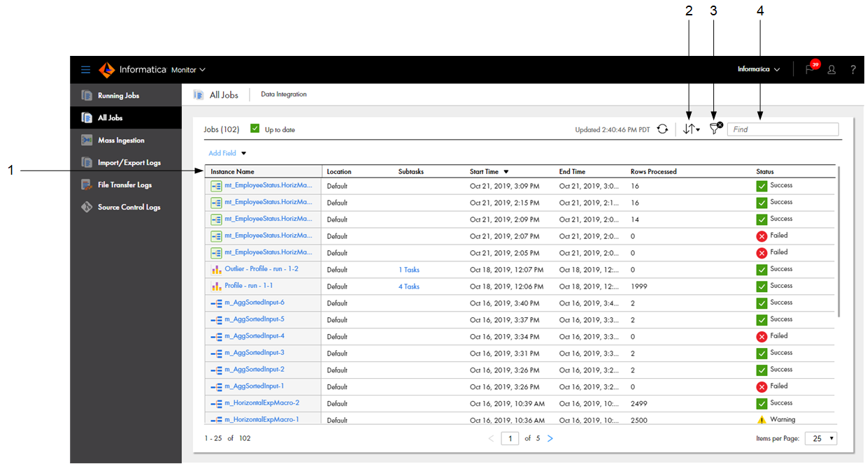 By default, the All Jobs page shows the instance name, subtasks, start time, end time, rows processed, and status for all jobs. You can add other columns, rearrange columns, and sort and filter the jobs on this page.