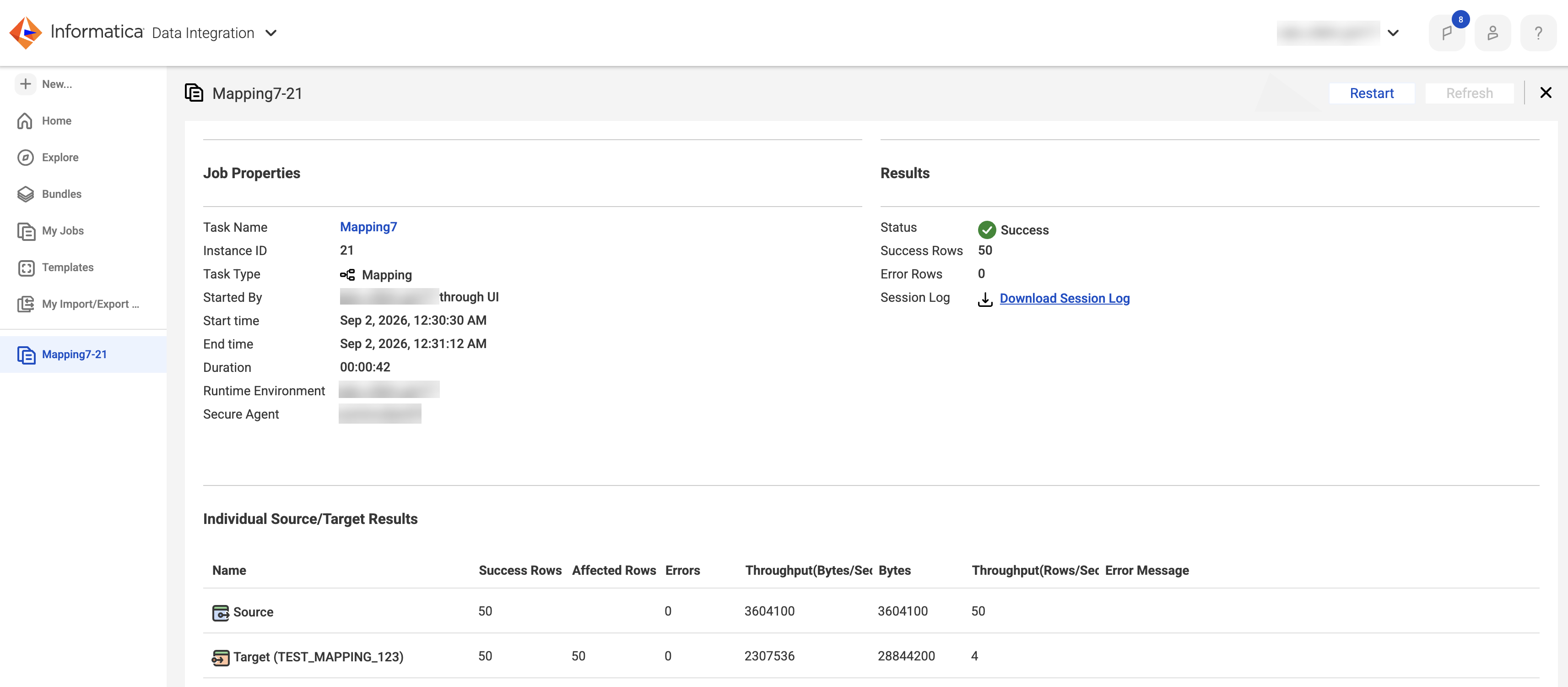 The Job Properties of a mapping with the "Download Session Log" link.