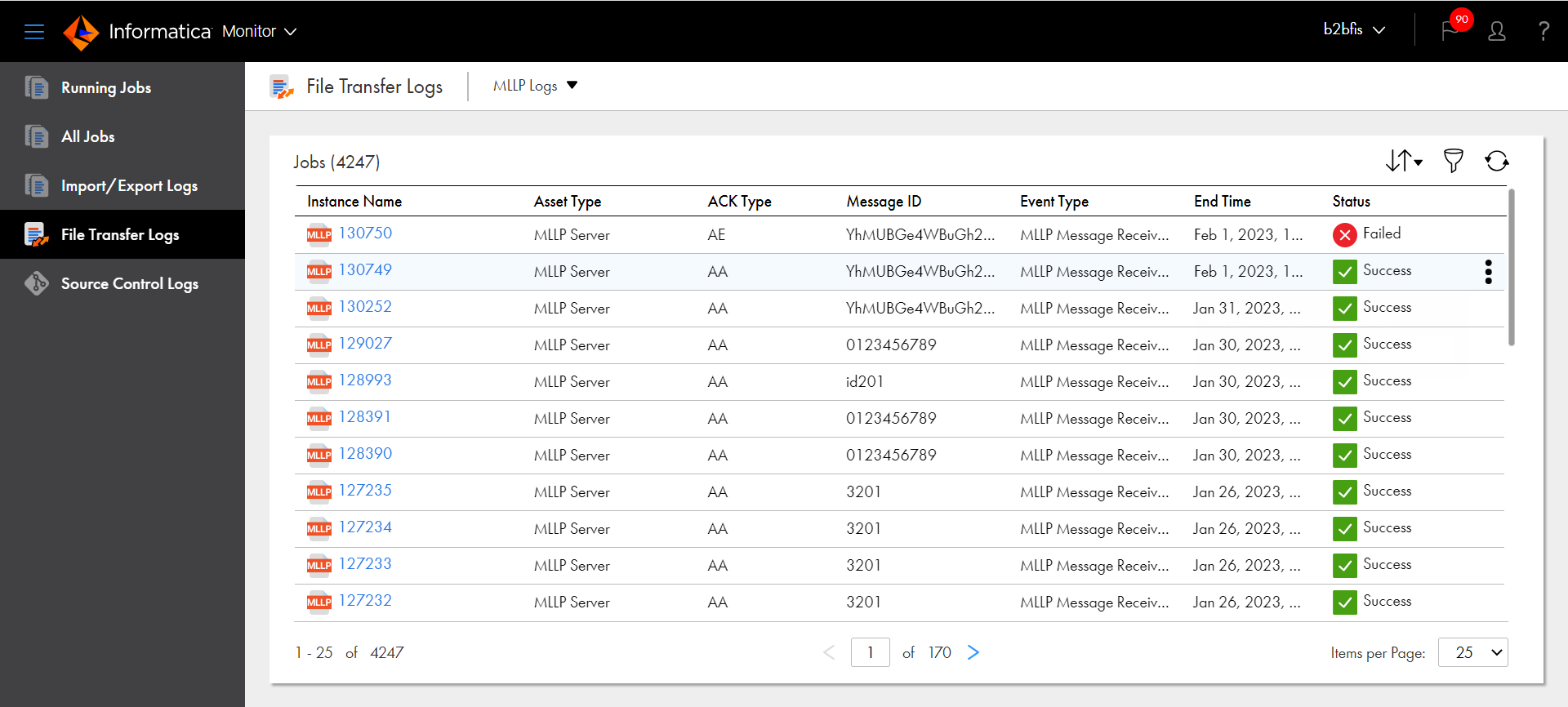 The File Transfer Logs page shows multiple SFTP file transfer logs. For each log, the page shows the instance name, the asset type, the command type, the date and time that the action executed by the command ended, the number of files included in the action, and the status of the action.