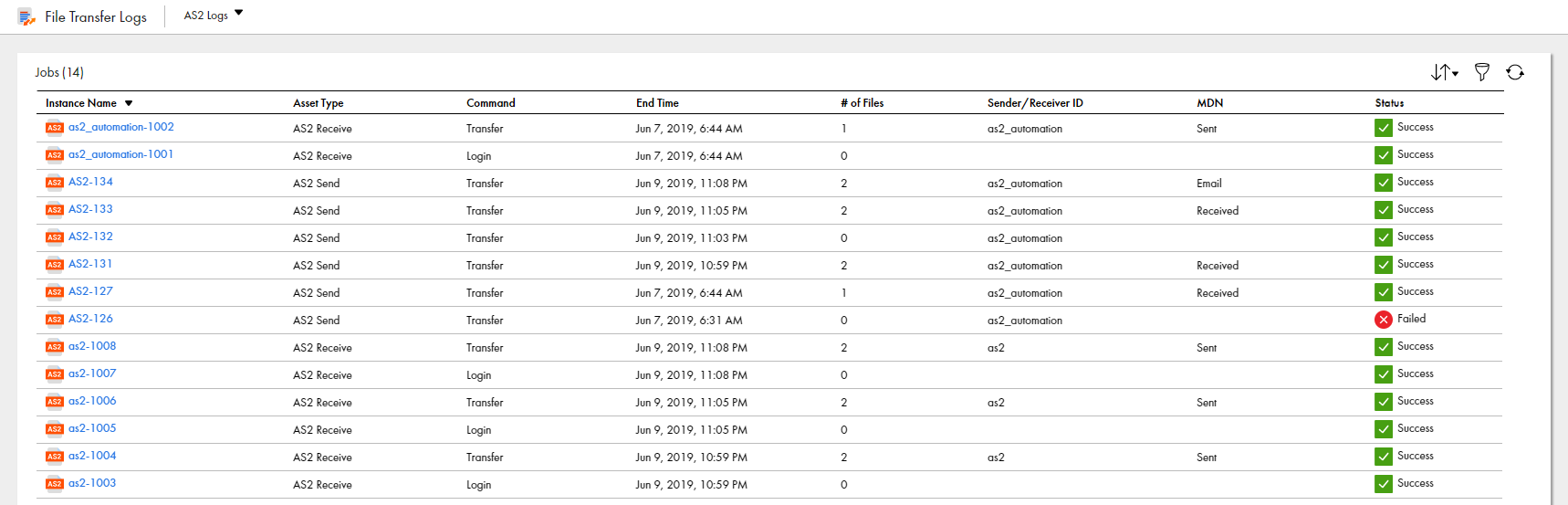 The File Transfer Log page shows multiple AS2 file transfer logs. For each log, the page displays the instance name, asset type, command, date and time the file transfer ended, number of files in the file transfer, ID of the sender or receiver, status of the MDN, and status of the file transfer.