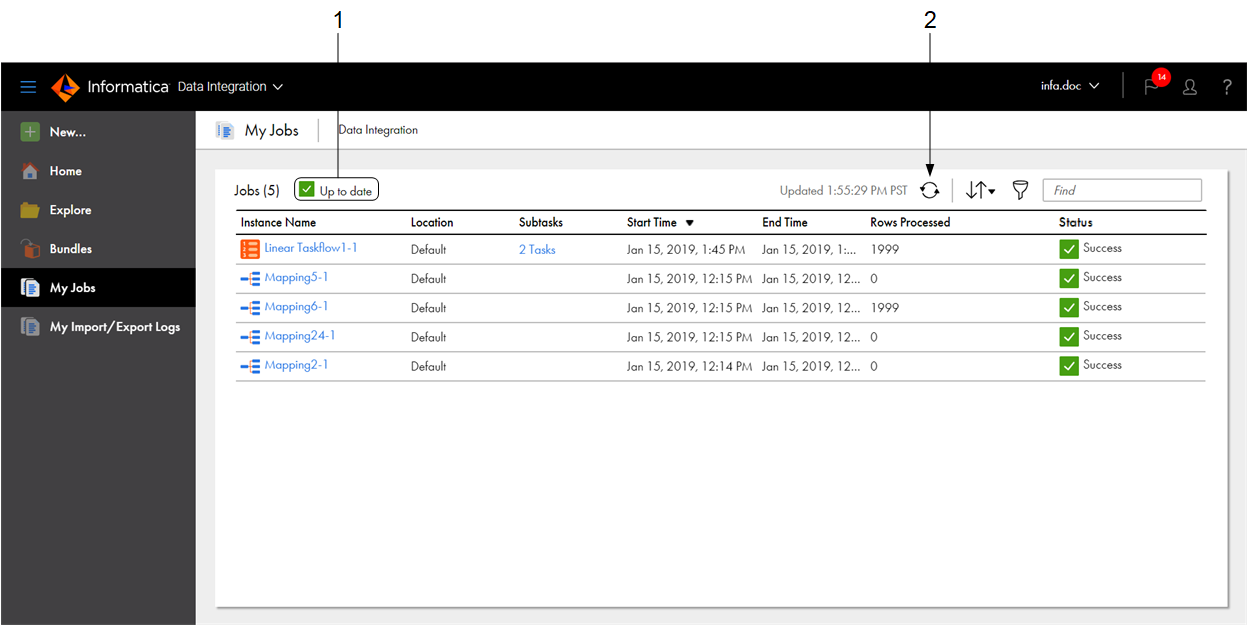 In this image, the My Jobs page lists the Data Integration jobs that were started by the currently logged in user. By default, the page lists the instance name, location, subtasks, start time, end time, number of rows processed, and status for each job. The status message at the top of the page indicates that the information on the page is up-to-date.