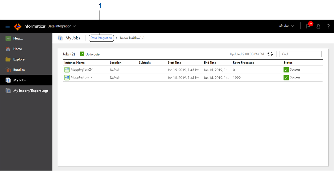 When you view subtasks, the My Jobs page lists the subtasks within the parent task or taskflow. In this image, the linear taskflow has two subtasks, which are mapping task instances. Click "Data Integration" to close the subtasks view and return to the My Jobs page.