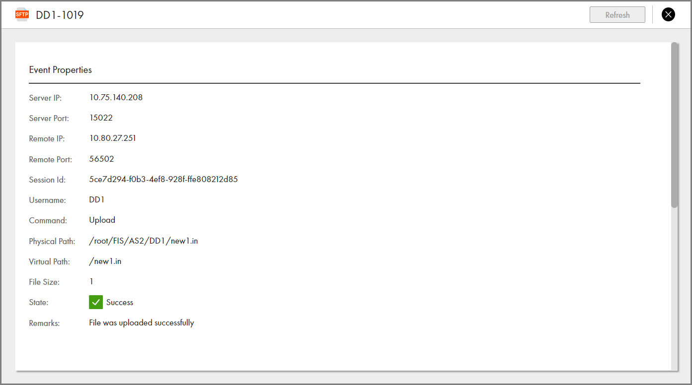 The details page for an SFTP Upload command shows event properties, including server, user, and session details, physical and virtual path to the file, file size, state of the event, and remarks.