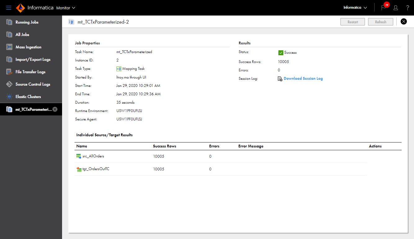 The job details for a mapping task instance shows the job properties and results. It also shows the number of success and error rows for each source and target.