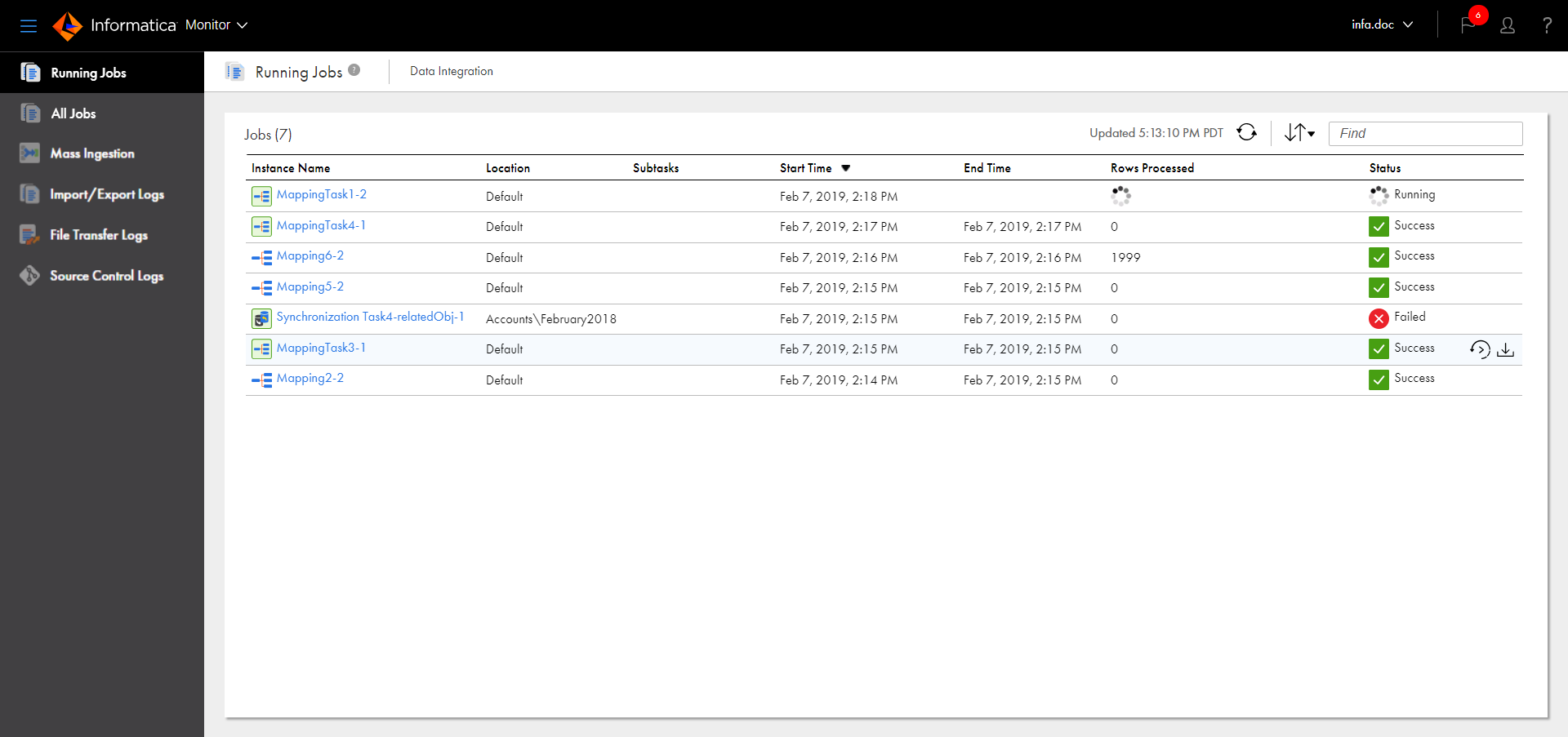 In this image, the Running Jobs page lists the Data Integration jobs that are running or have completed in the last five minutes. By default, the page lists the instance name, location, subtasks, start time, end time, number of rows processed, and status for each job.