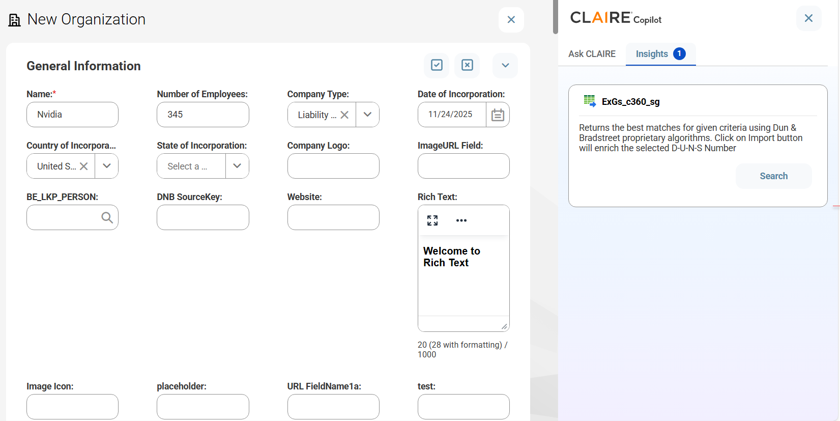 A form to create a record for the Organization business entity. The CLAIRE Copilot panel displays an enrichment card with the Search button on the Insights tab because the Name and Country fields contain the values, Nvidia and United States.