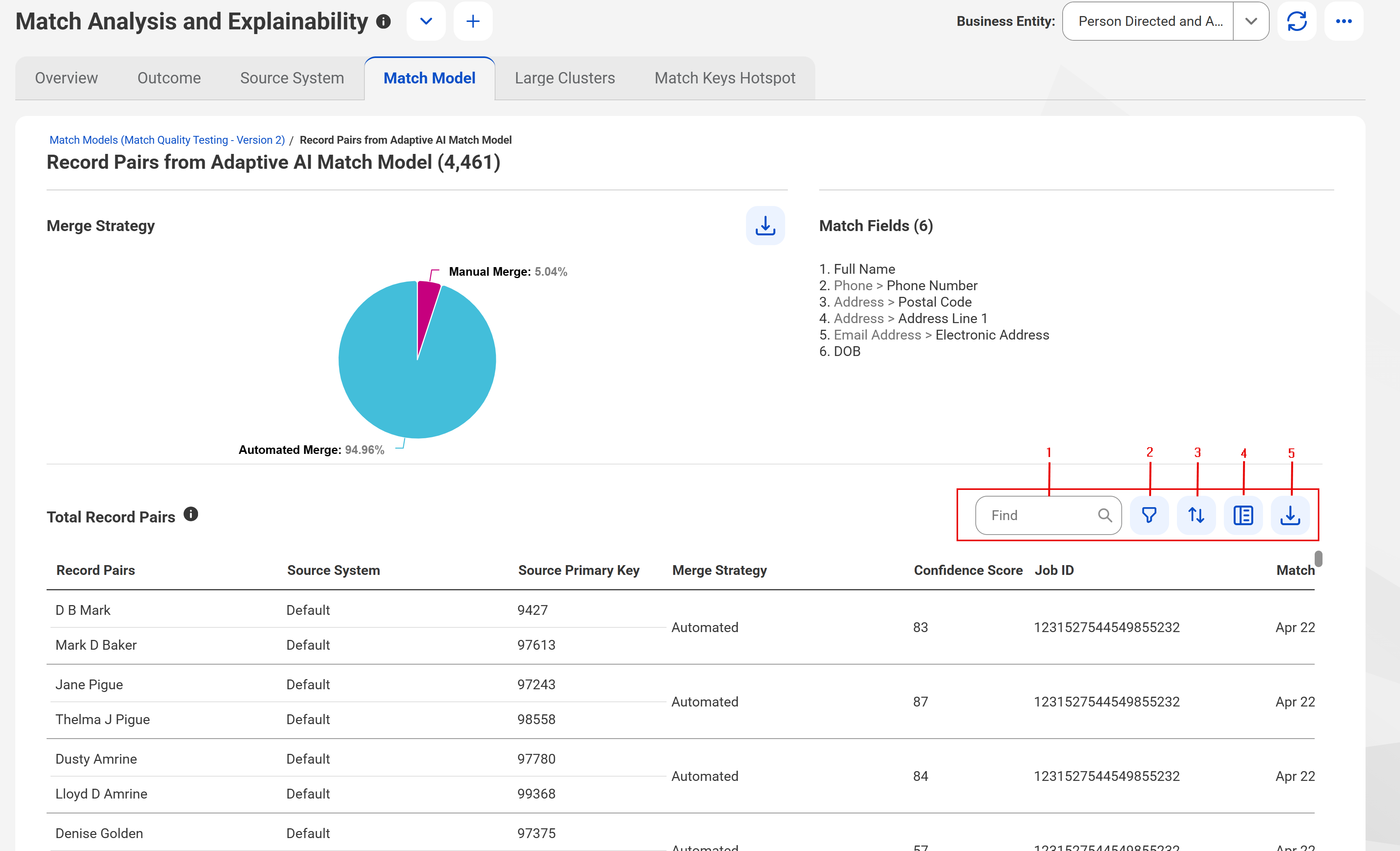 The Total Record Pairs section displays the total record pairs predicted as matches by the Adaptive AI match model.