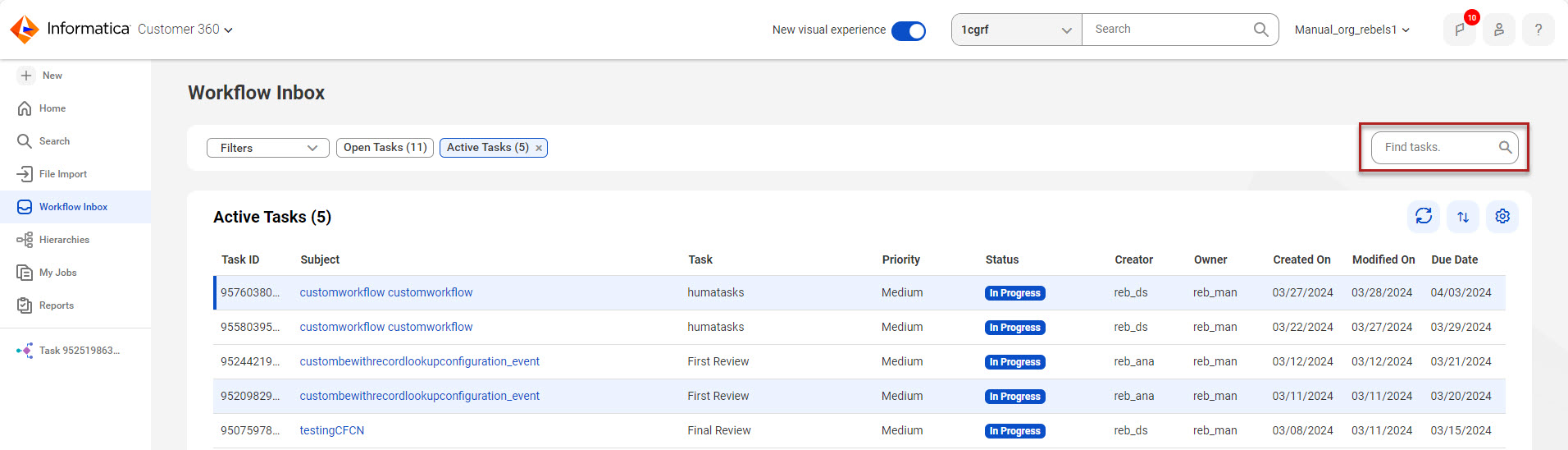 The image shows the Workflow Inbox page with Find tasks. The image shows the Workflow Inbox page with Find tasks.