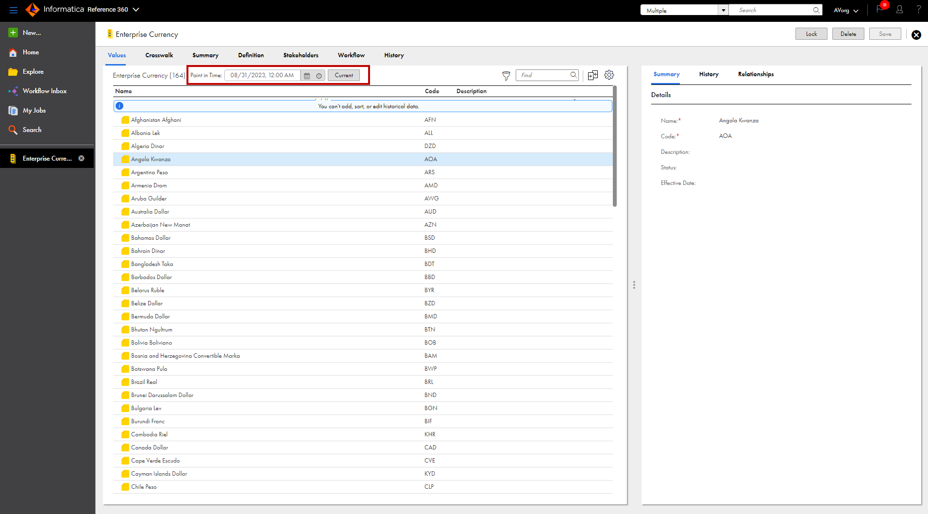 View code values of code list at a specific point in time.