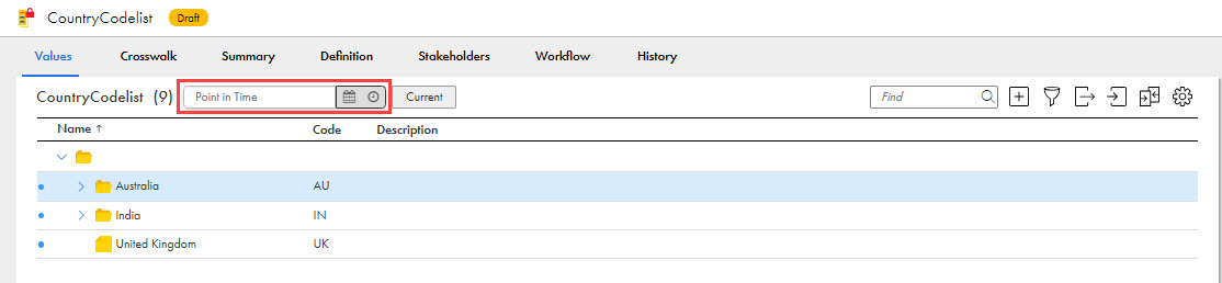 The image shows a sample code list that highlights the point in time option.