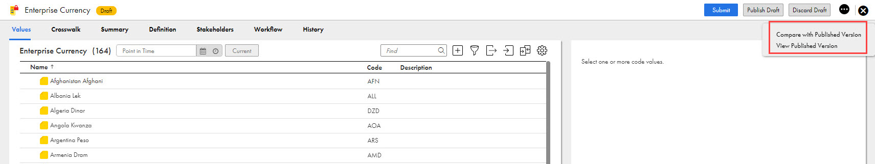 The image shows a sample code list that highlights the Actions menu.