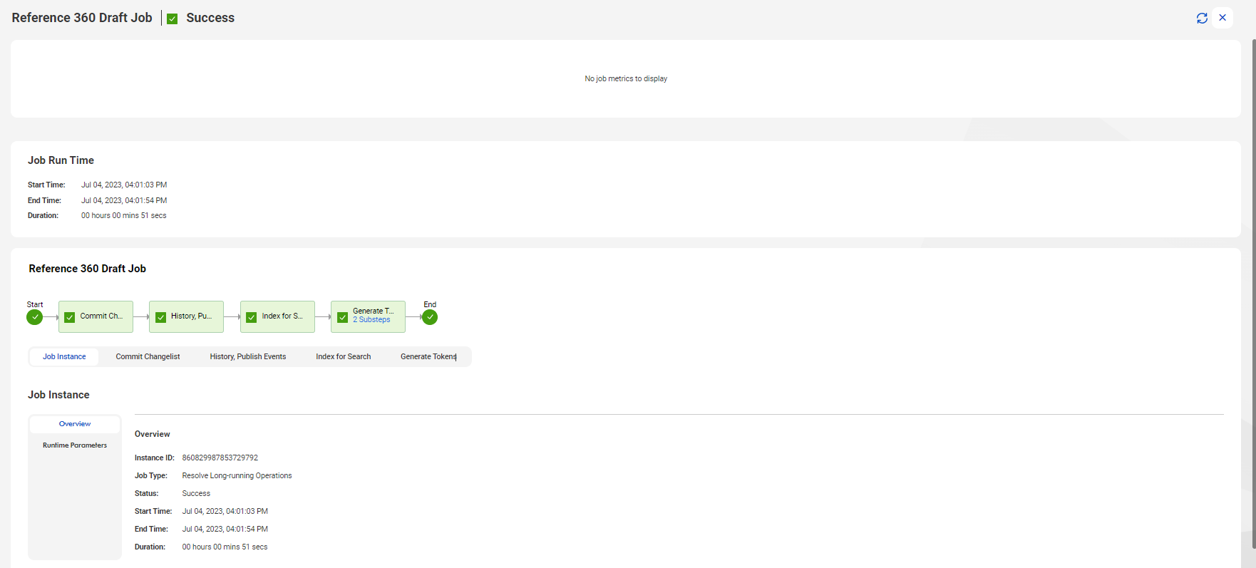 The image shows a sample Reference 360 Draft job with the commit changelist, history, publish events, index for search, and generate tokens steps in the data flow.