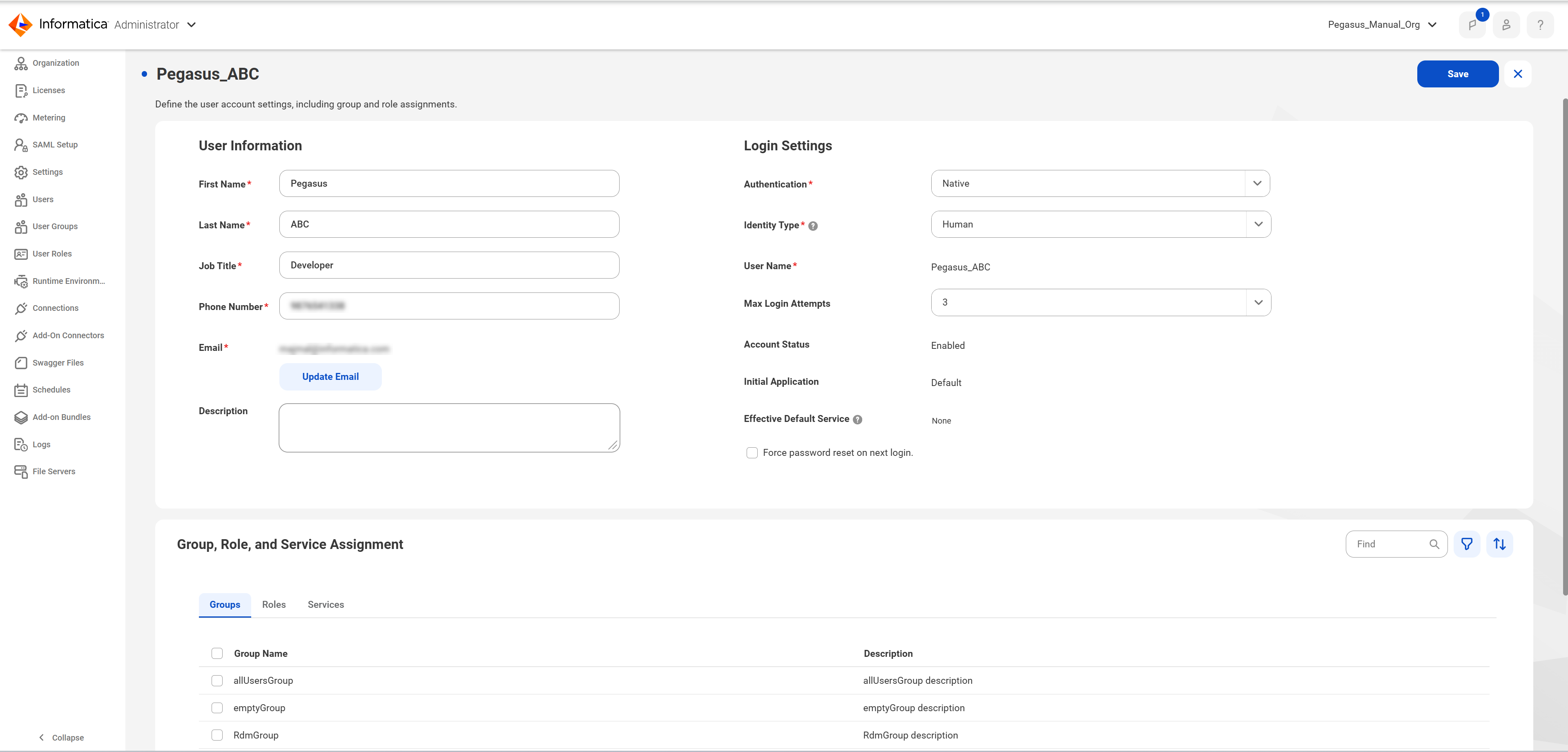 The settings page for a user account in Administrator, displaying editable user information, login settings, and assigned user groups and roles.