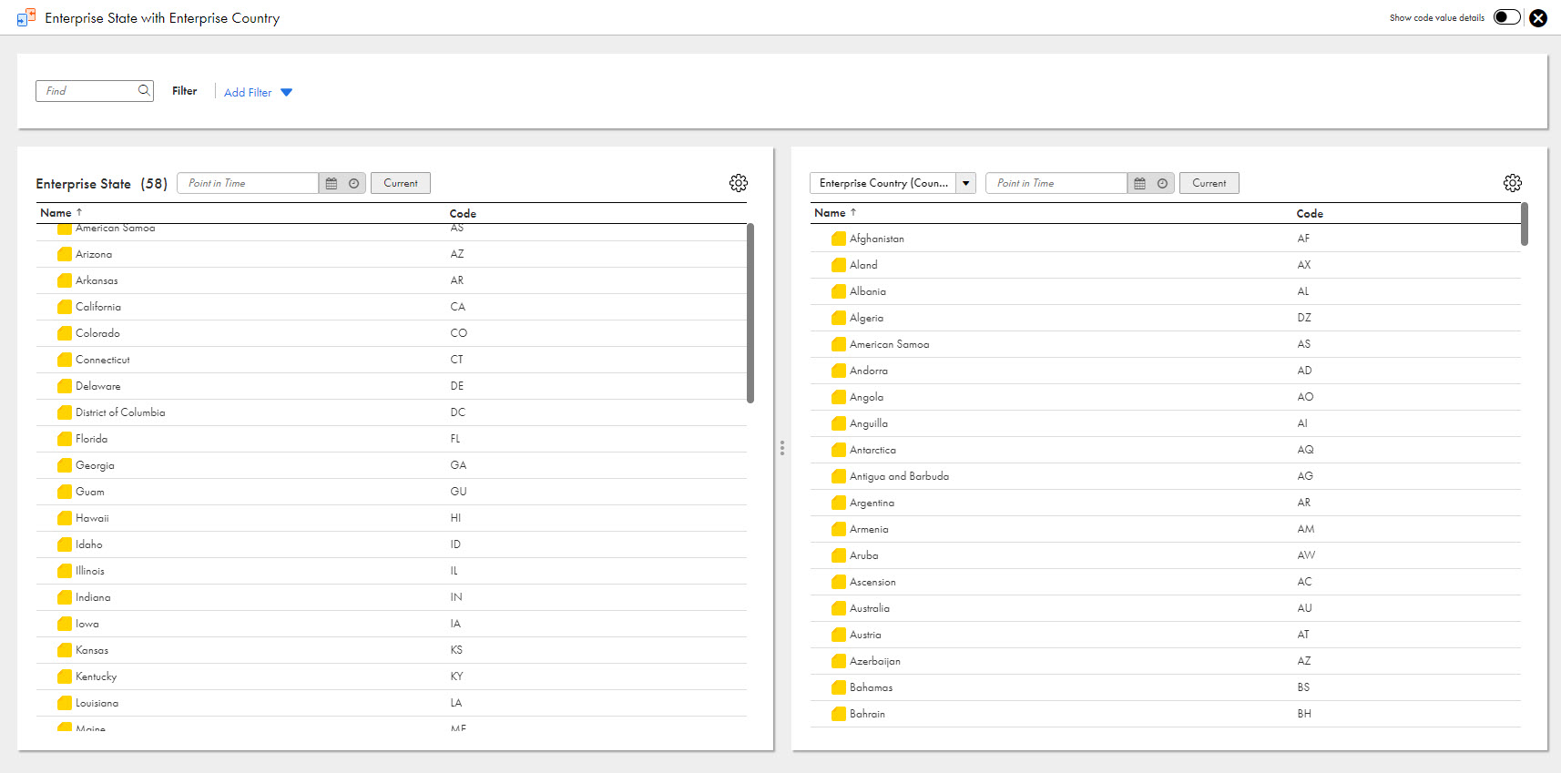 A side-by-side comparison of the Enterprise State and Enterprise Country code lists.