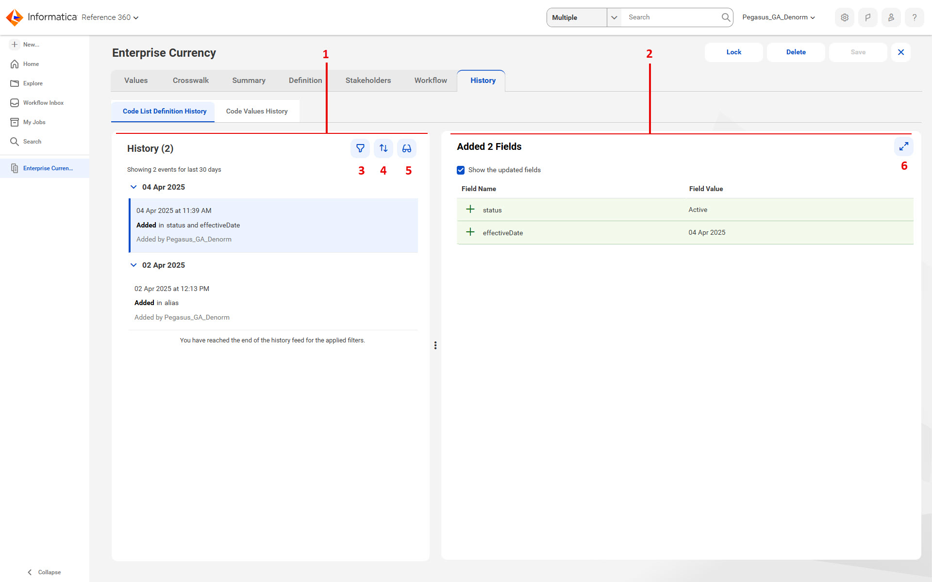 The Code List Definition History tab shows the change history of a code list in the History panel and the details of the change history in the Event details panel.