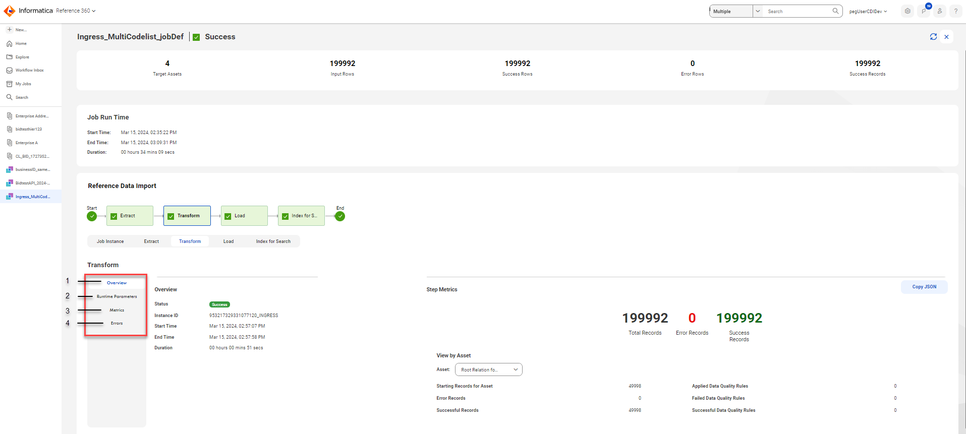 The Job Details page displays the details of a reference data import job, such as key metrics, job instance output, and RDM batch flow diagram.