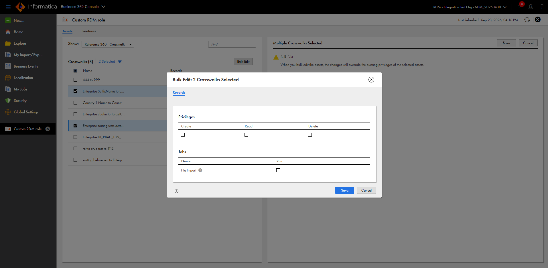 The Bulk Edit dialog box for crosswalks displays the Records tab.