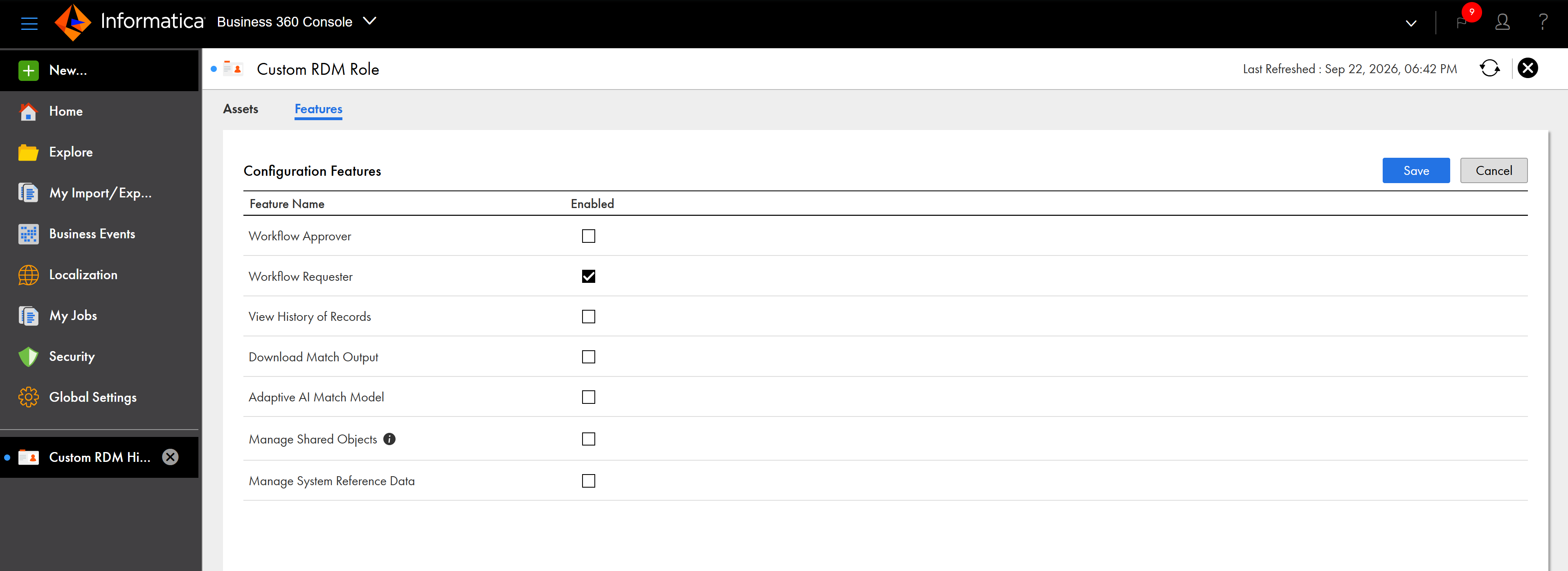 The image displays the Features tab on the user role details page and the privilege settings available for workflow inbox functions.