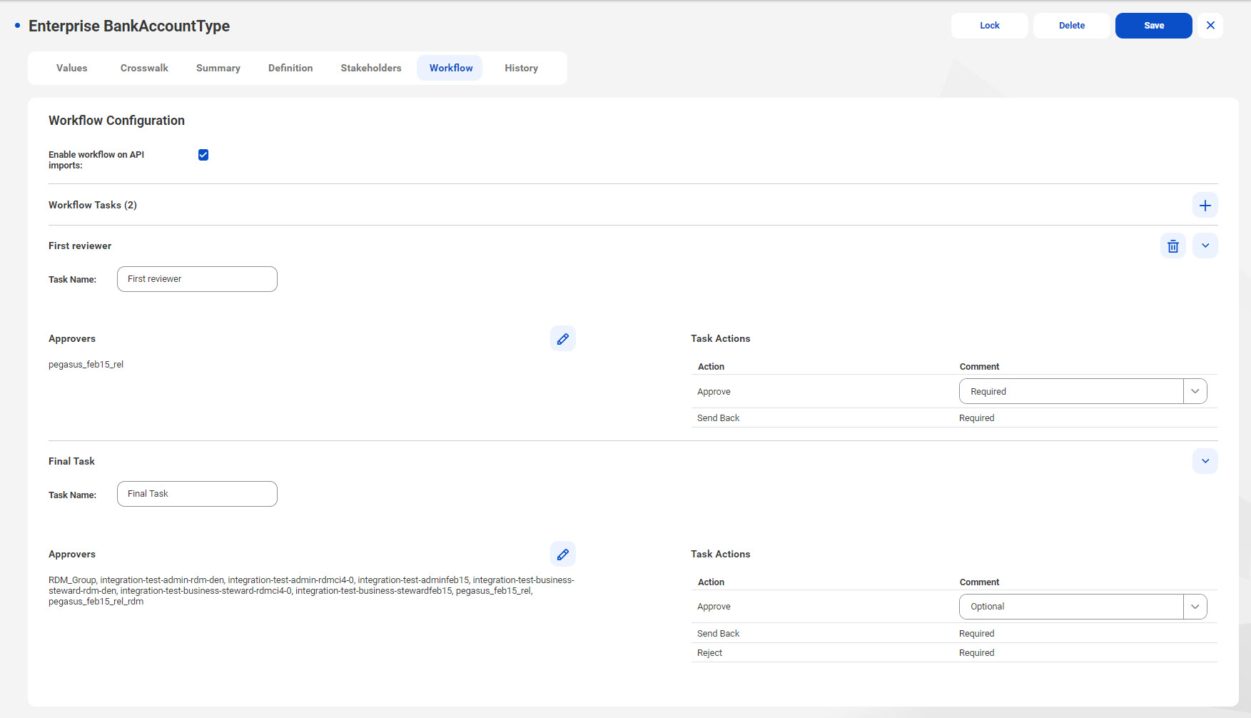 The workflow configuration of the Enterprise BankAccountType code list displays two approval tasks: first reviewer and final approval.