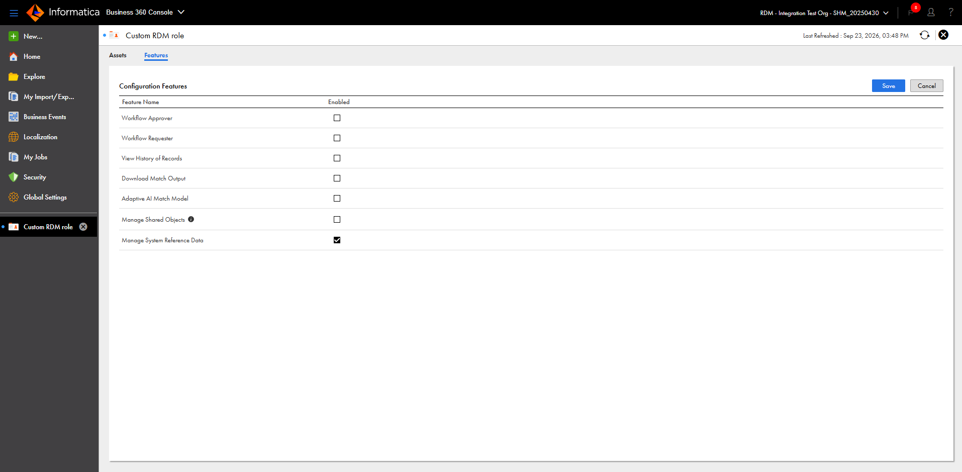 The image shows the Features tab with the Manage System Reference Data option selected.