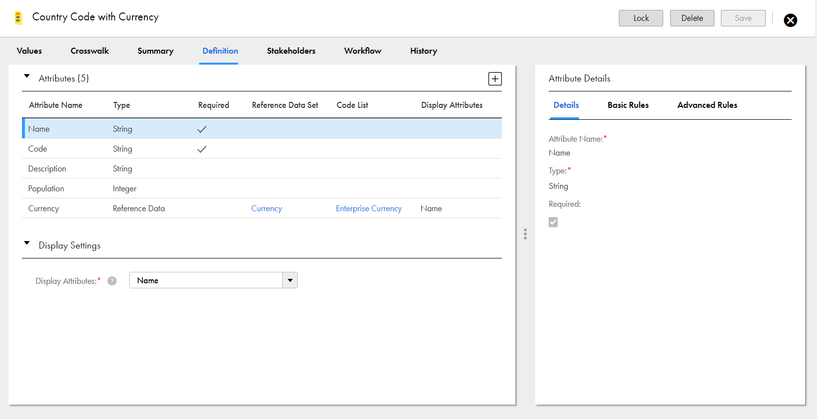 The configured Definition tab for the Country Code with Currency code list.