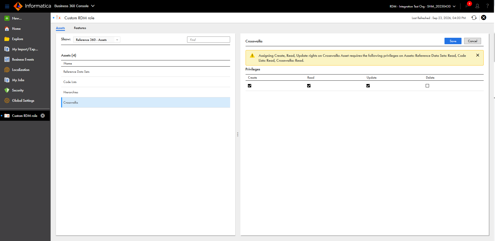 The Assets tab shows the crosswalks assigned with Create, Read, and Update privileges.