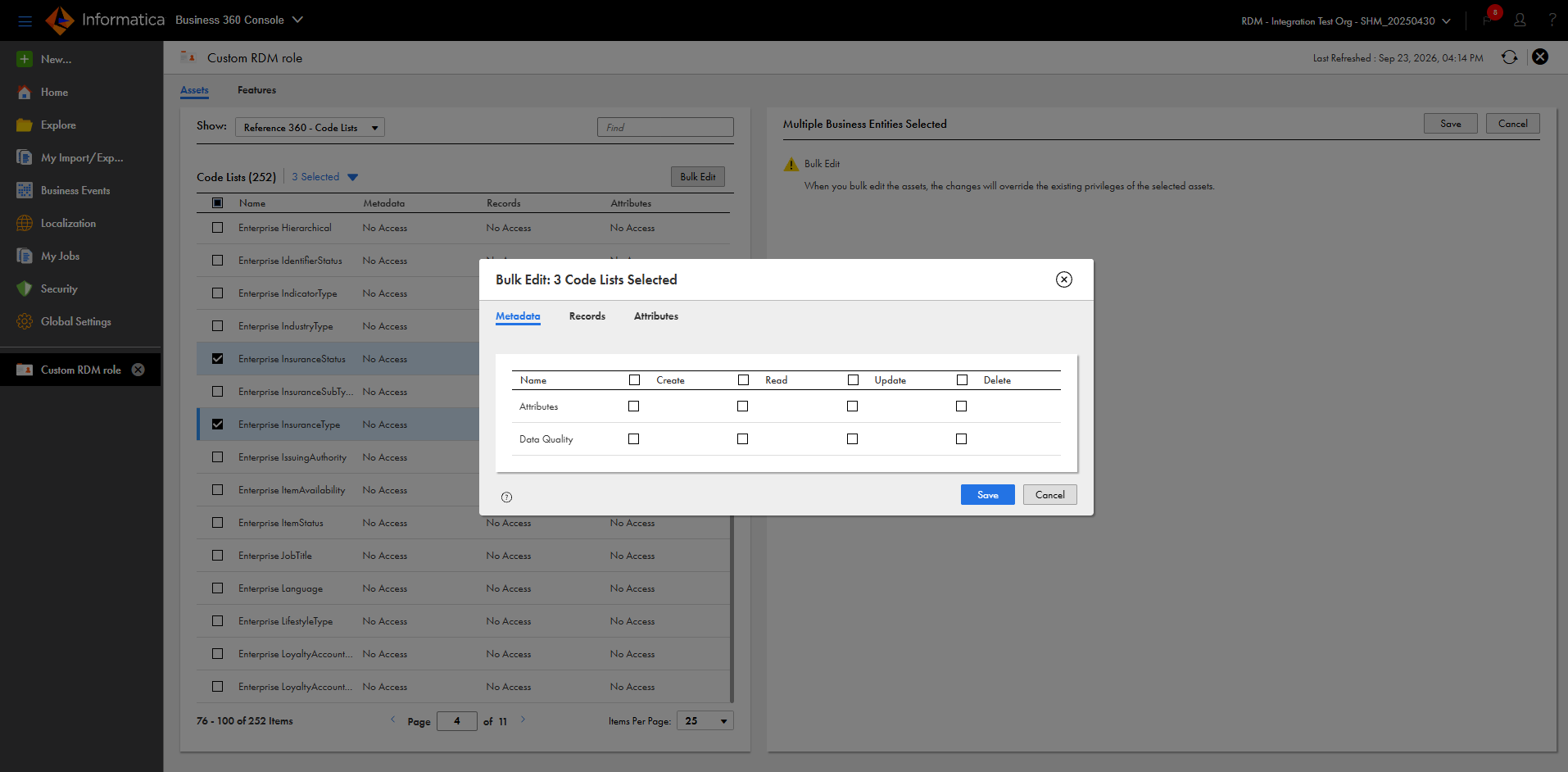 The Bulk Edit dialog box for code lists displays the Metadata tab.
