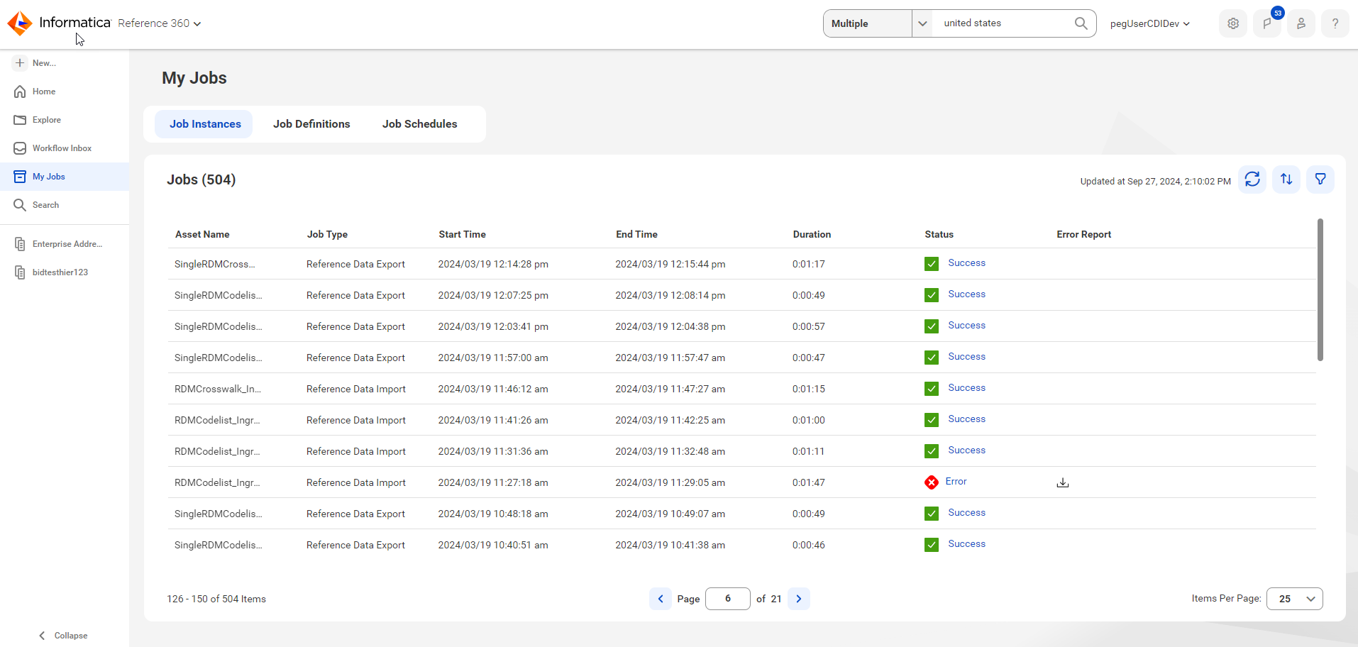 The My Jobs page displays the list of job instances defined in Reference 360.