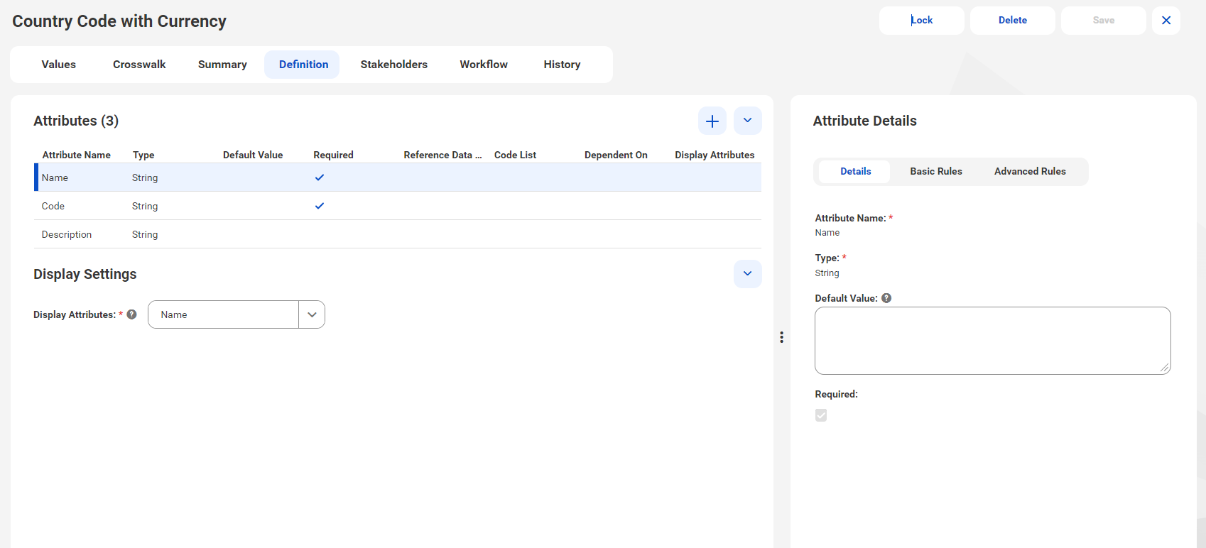 The image shows an example of the attributes defined for the Country Codes with Currency code list. The Country Code with Currency code list contains attributes, such as Name, Code, and Description, on the Definition tab.