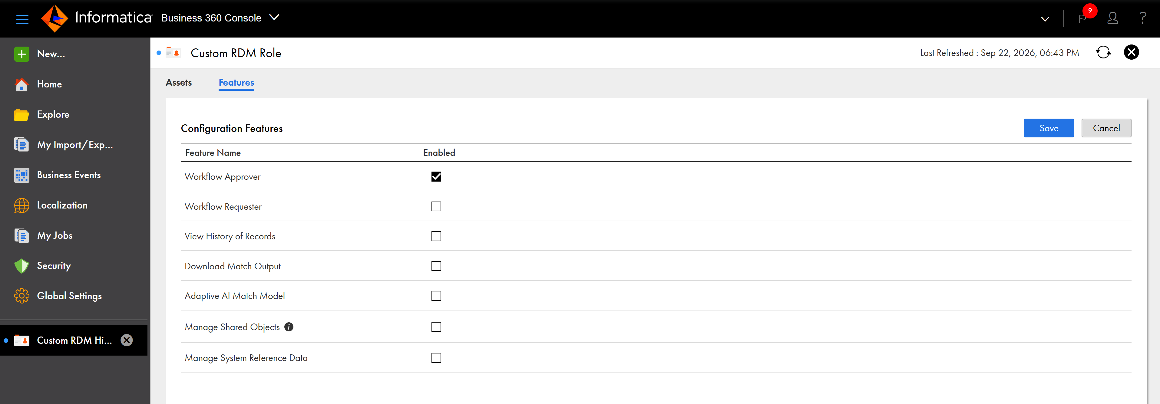 The image displays the Features tab on the user role details page and the privilege settings available for workflow inbox functions.