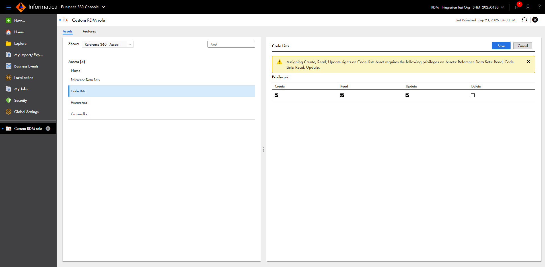 The Assets tab shows the code lists assigned with Create, Read, and Update privileges.