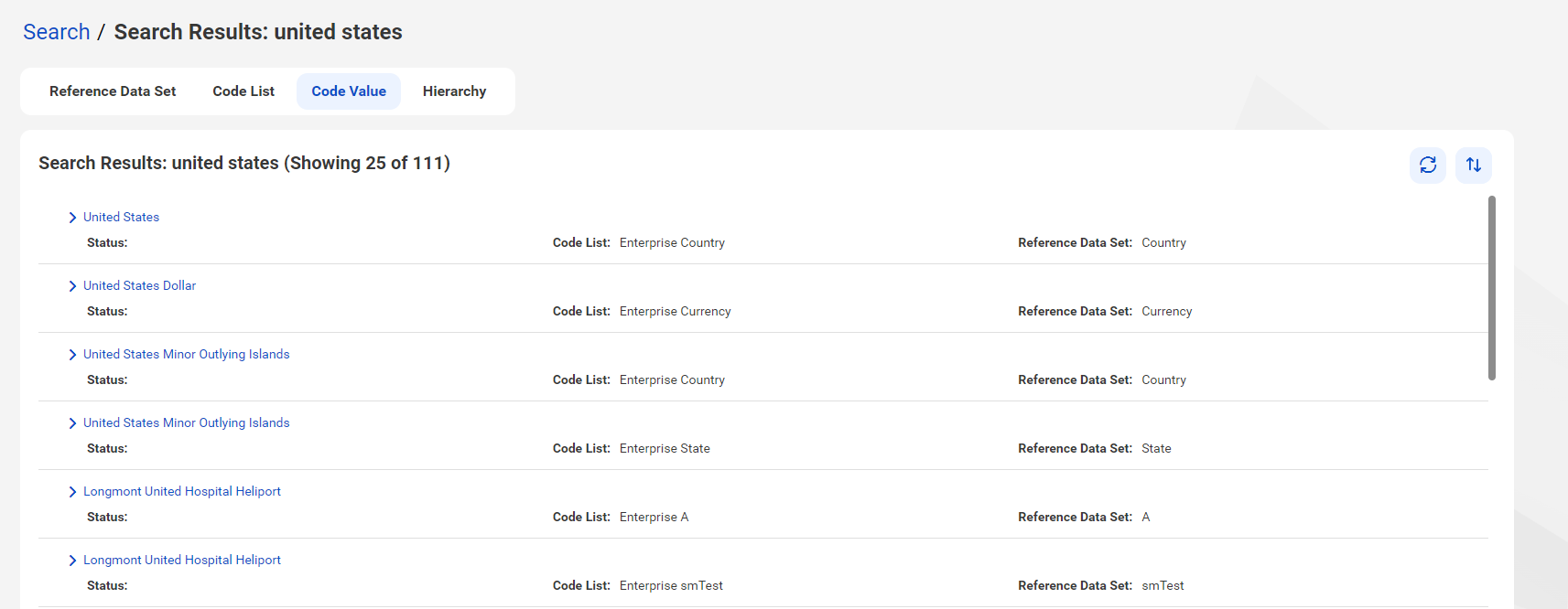 The Search tab displays the search results for the term united states. The search results include a code value match, the code list that contains the term, and the reference data set that contains the code list.