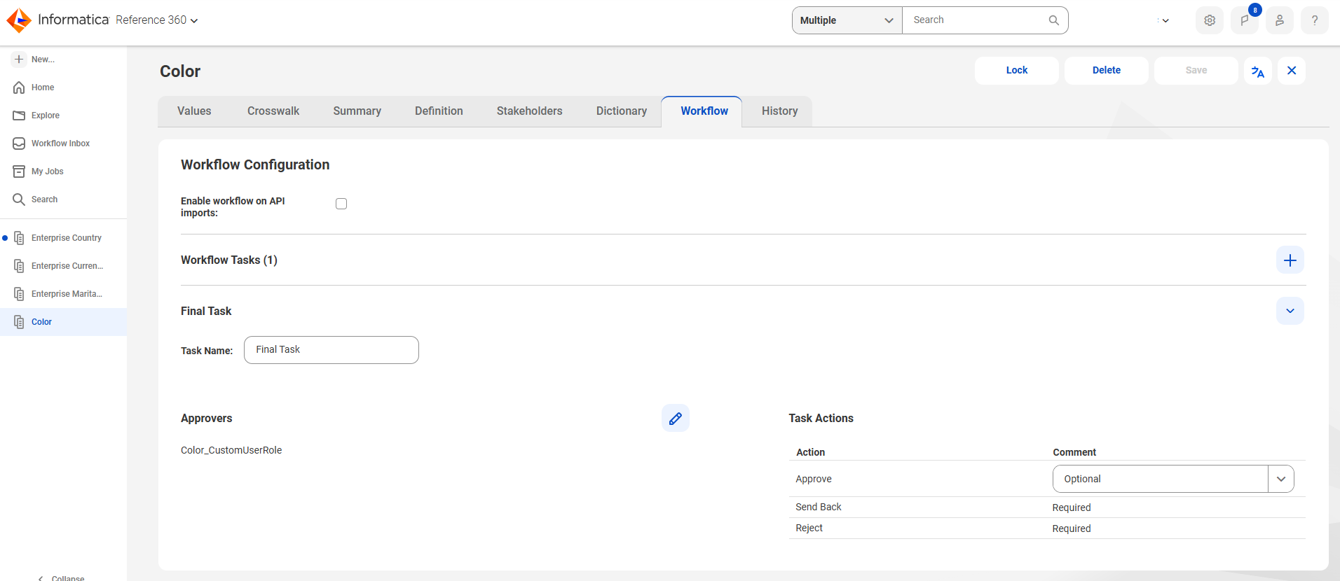 The image displays the Workflow tab of Color code list and its workflow approver.