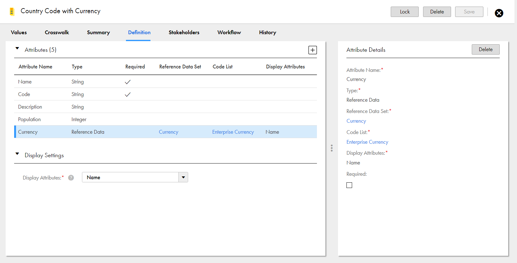 The Country Code with Currency code list with a reference data attribute.