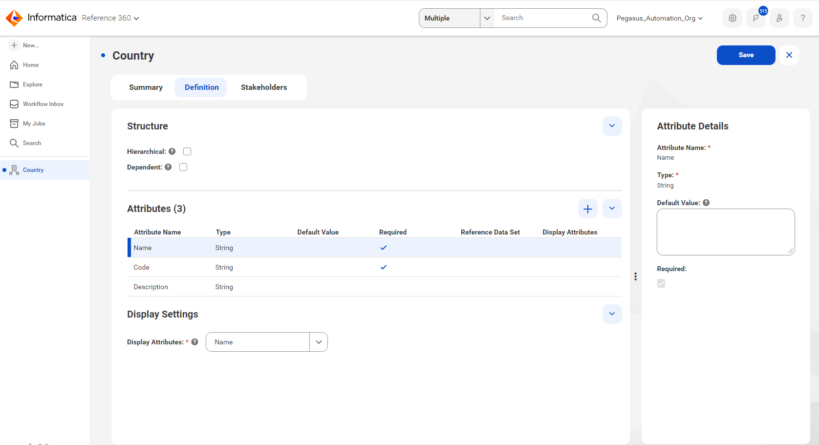 The Definition tab of the Country code list displays the structure, attributes, and display settings.