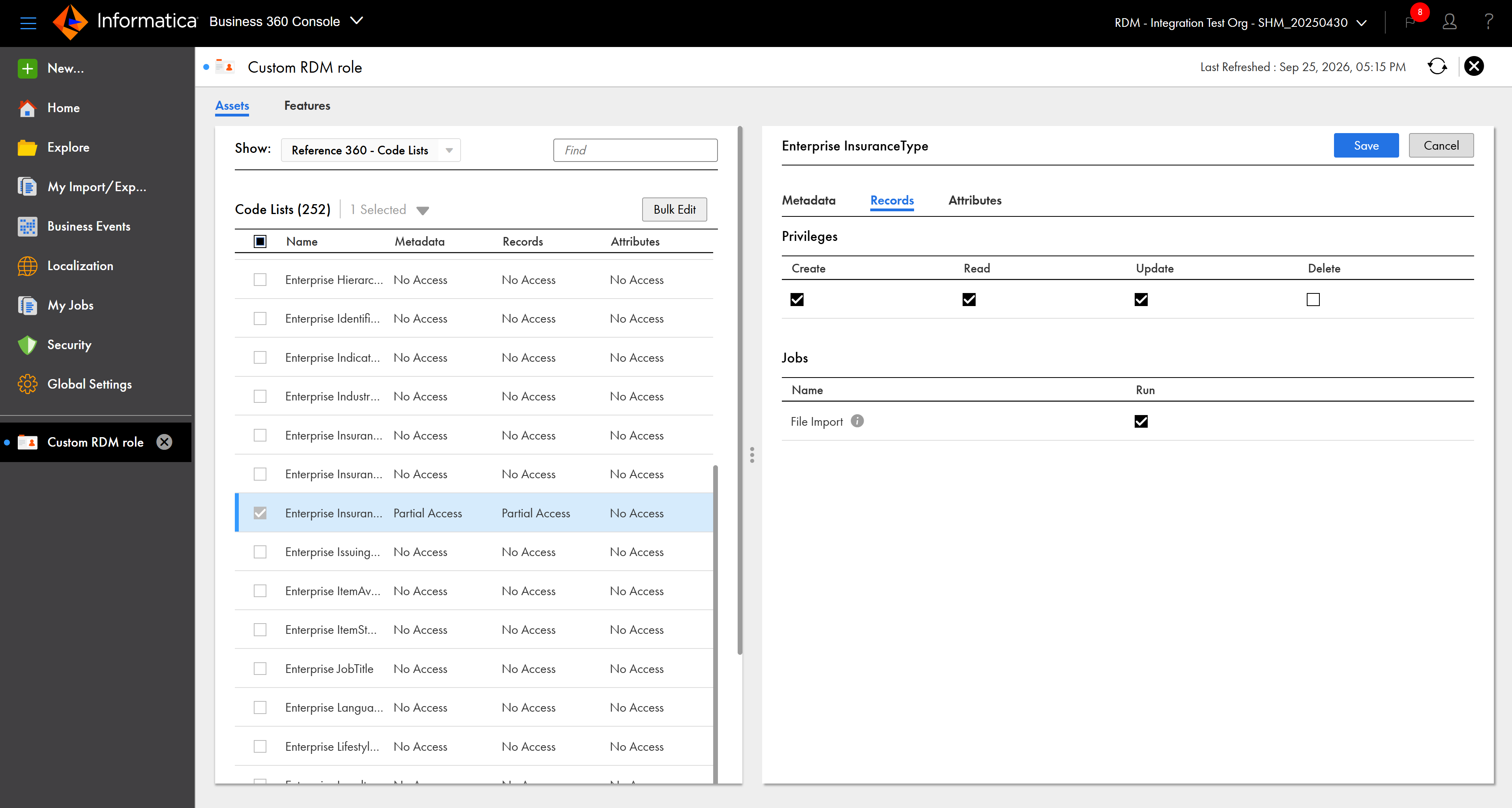 The image shows the Enterprise Insurance Type code list assigned with Create, Read, and Update record privileges.