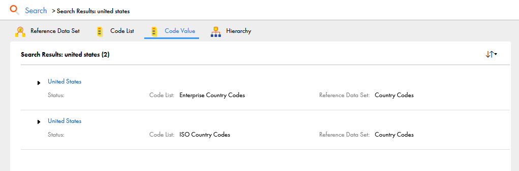 The Search tab displays the search results for the term united states. There are three results: a code value match, the code list that contains the term, and the reference data set that contains the code list.