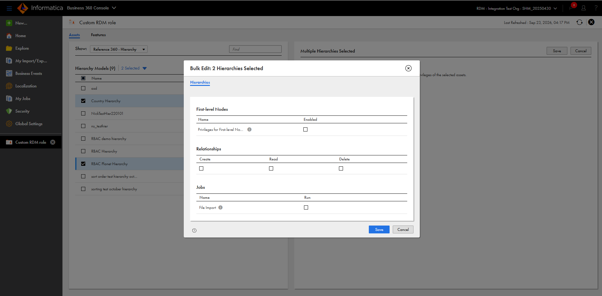 The Bulk Edit dialog box for hierarchy models displays the Hierarchies tab.
