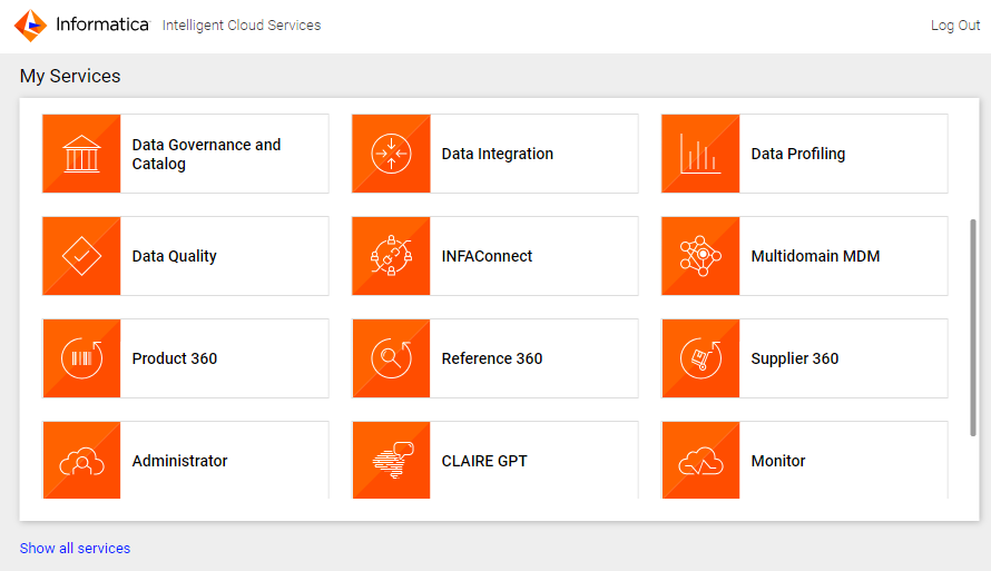 The My Services page displays the licensed services, such as Administrator, Data Integration, and Reference 360.