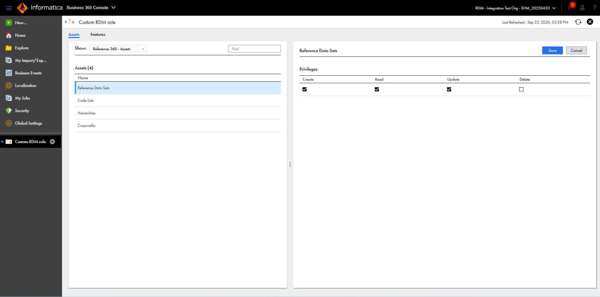 The Assets tab shows the reference data sets assigned with Create, Read, and Update privileges.
