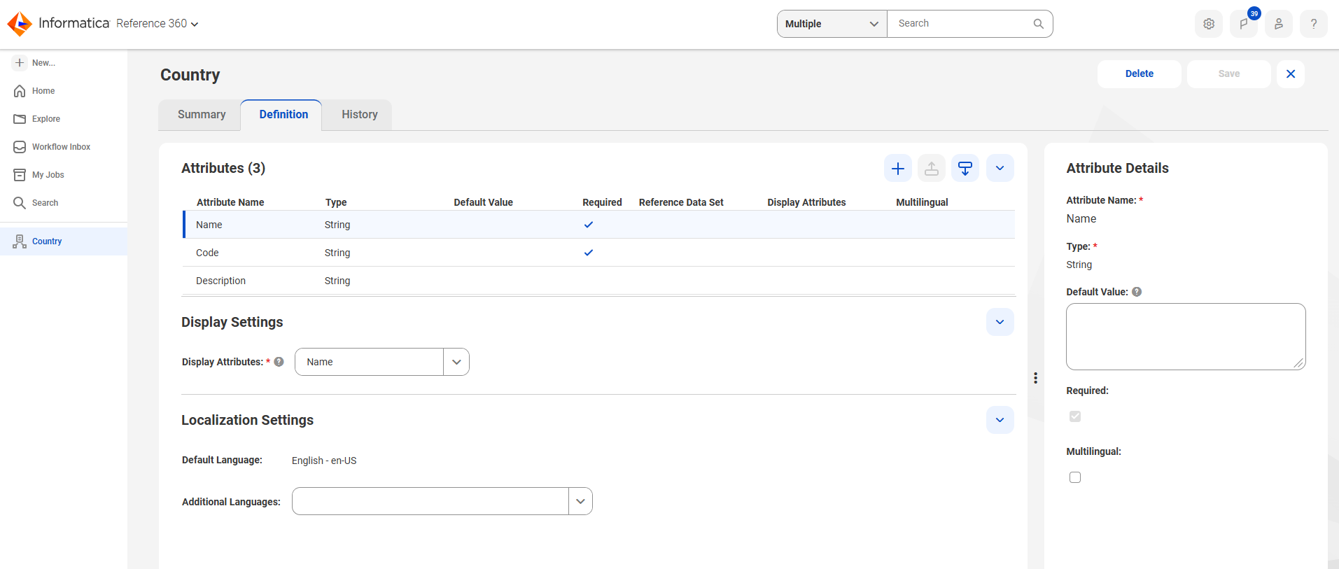 The Definition tab of the Country code list displays the structure, attributes, display settings, and localization settings.