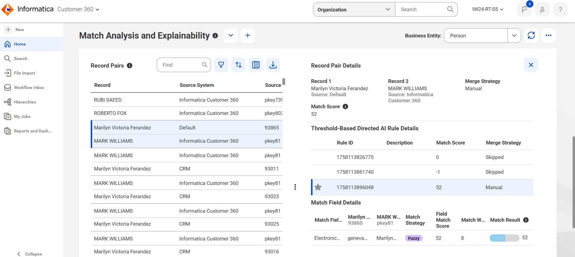 The Record Pair Details section displays the additional details of a record pair selected in the record pairs table. The Record Pair Details section displays the additional details of a record pair selected in the record pairs table.