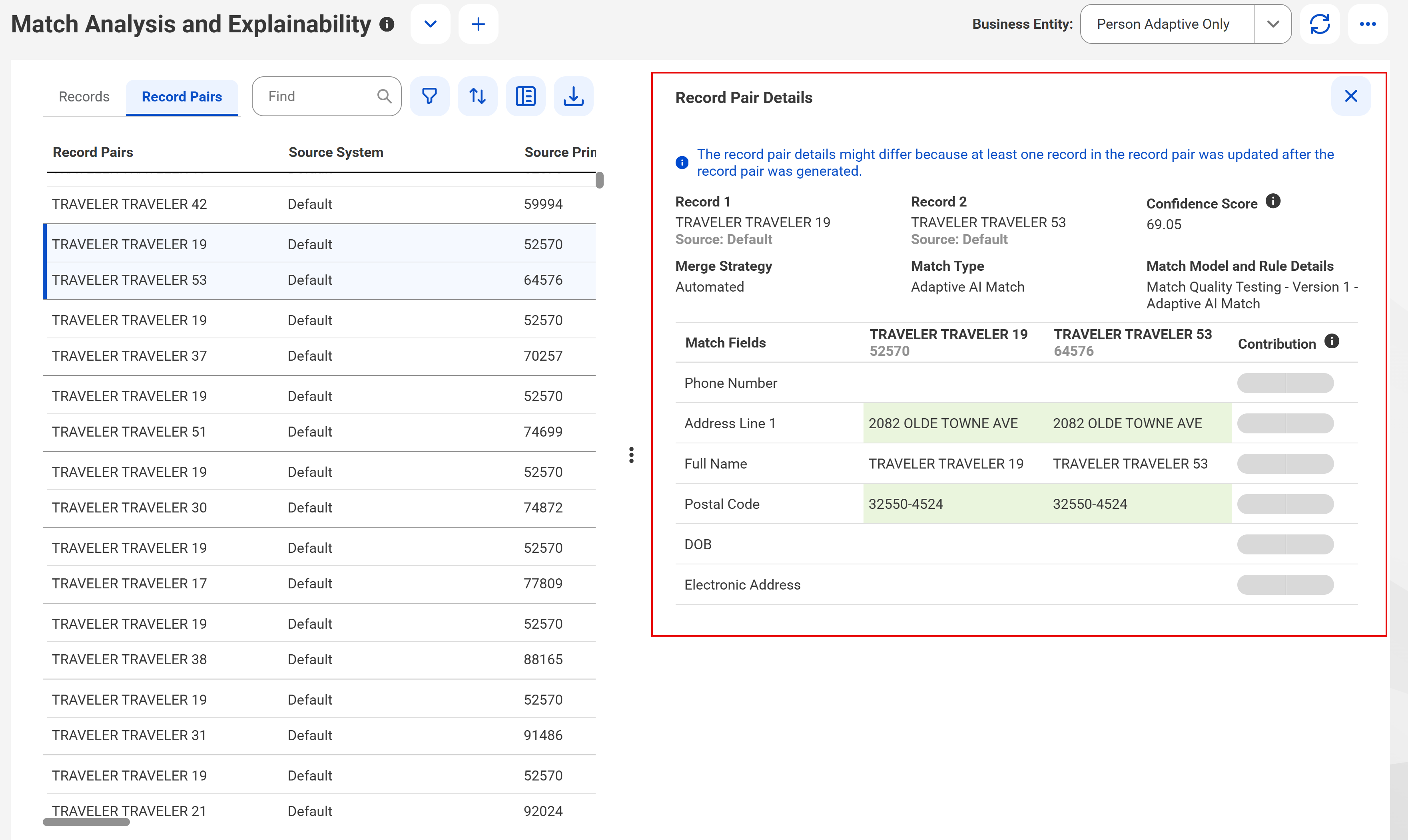 The Record Pair Details section displays the additional details of a selected record pair in the record pairs table.