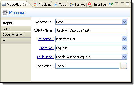 Reply activity properties, inlcuding Fault Name