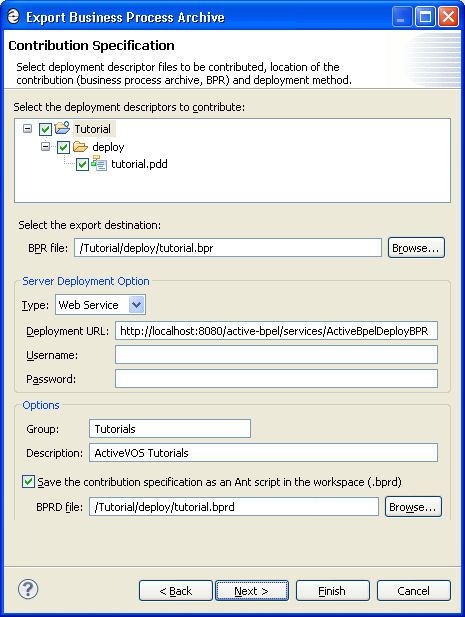 Export Business Process Archive dialog