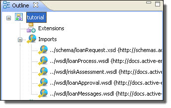 Imports node of Outline view displaying WSDL location and namespace