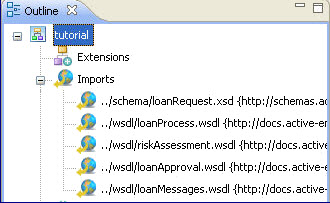 Illustration of WSDL location and namespace in Outline view