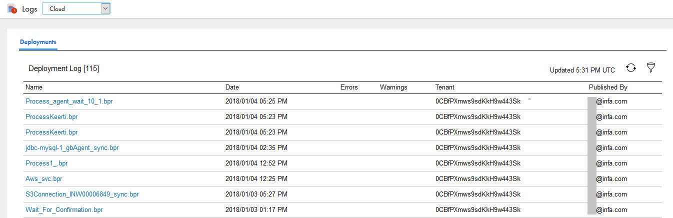 The deployments log tab showing the name, date, errors, warnings, tennant and deployed-by details for a list of BPR files.