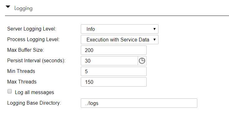 The Logging tab with a list of Process Server and process logging properties