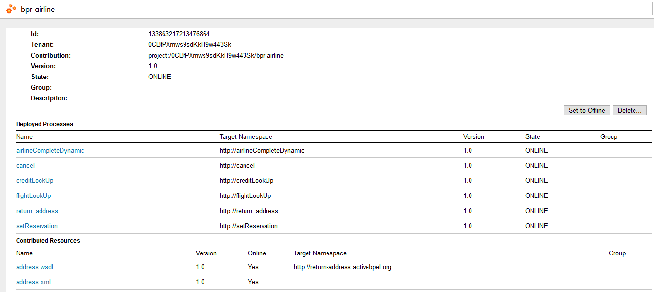 A Contribution Detail page with information about the contribution version, deployed processes, and contributed resources